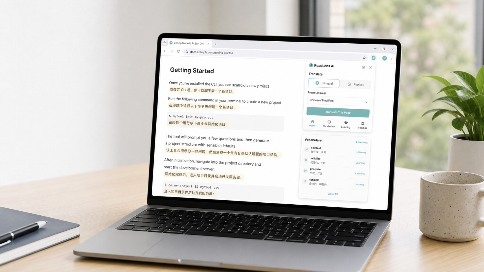 ReadLens AI 在网页技术文档中展示双语翻译和词汇学习面板